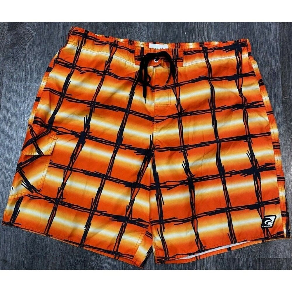 Laguna Mens Grid Wire Print Lined Swim Trunks Shorts Size XL Orange Black Gold